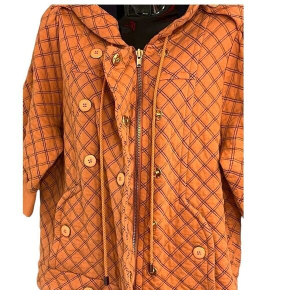 Marc by Marc Jacobs Orange & Blue Quilted Checker Print Short Sleeve Hooded Swea - Picture 3 of 10